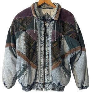 Vintage New York Girl 90s Denim Patchwork Corduroy Stone Wash Jacket Coat Medium